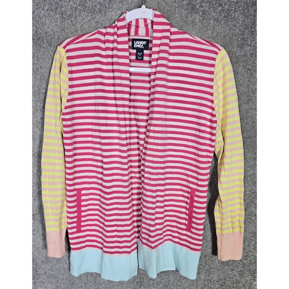 Lands End Open Front Knit Cardigan Womens Size Small 6-8 Pink Striped Pockets - Picture 1 of 6